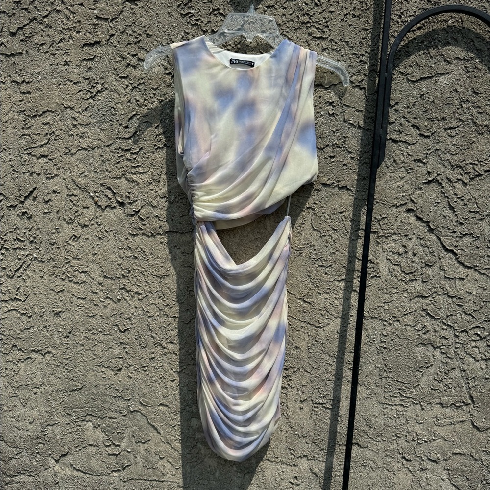 Zara cutout tulle mesh mini printed tie dye dress, white, lilac, blue color Sz M - Picture 2 of 4